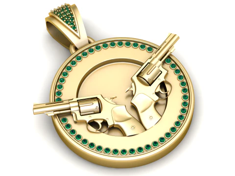 The Gilded Gunslinger Dual Revolver Emerald Medallion 3D Print Model