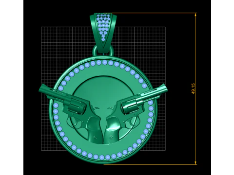 The Gilded Gunslinger Dual Revolver Emerald Medallion 3D Print Model