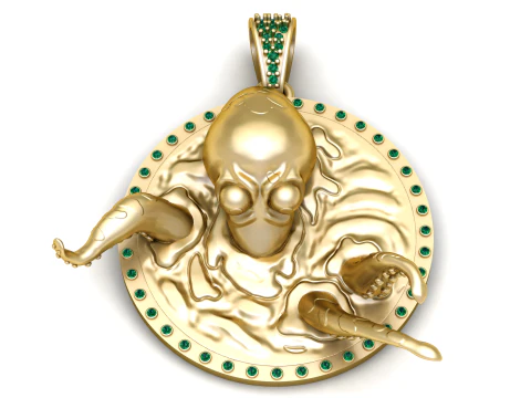 Medali Zamrud Kemunculan Gurita Emas Kraken Model Cetak 3D