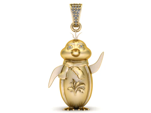 ダイヤモンドのアクセントが付いたプライマリの気まぐれなゴールデン ペンギン ペンダント 3Dプリントモデル