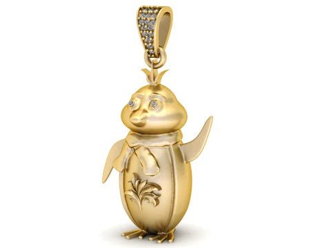 Primary Whimsical Golden Penguin Pendant with Diamond Accents 3D Print Model