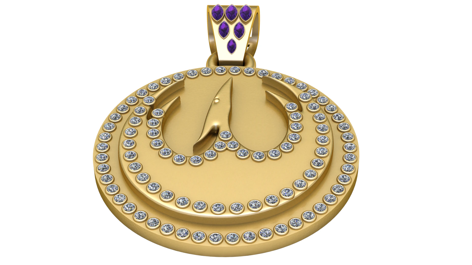 Luxury Diamond Halo Gold Medallion Pendant with Marquise Amethyst Bail 3D Print Model .c4d .max .obj .3ds .fbx .stl .blend 