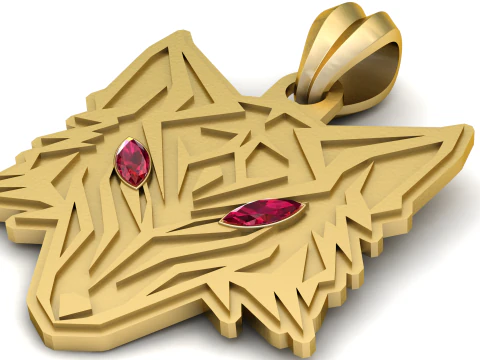 Wolf Head Gold Pendant with Gemstone Eyes Bold Animal Spirit Medallion 3D Print Model