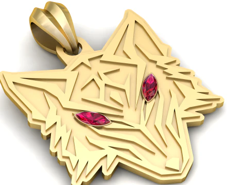 Wolf Head Gold Pendant with Gemstone Eyes Bold Animal Spirit Medallion 3D Print Model