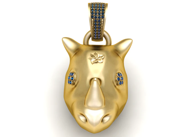 Luxury Rhino Head Gold Pendant with Blue Sapphire Accents 3D Print Model .c4d .max .obj .3ds .fbx .stl .blend 