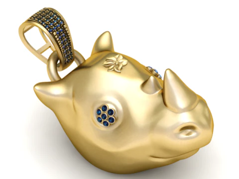 Luxury Rhino Head Gold Pendant with Blue Sapphire Accents 3D Print Model