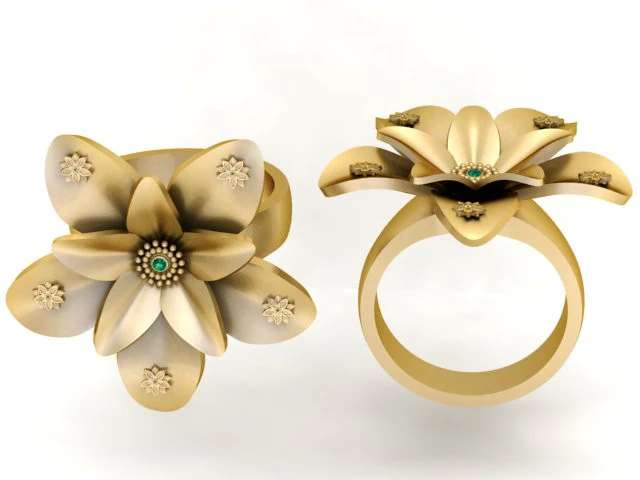 Royal Bloom Flower Ring Emerald Center 3D Printable 3D Model .c4d .max .obj .3ds .fbx .stl .blend 