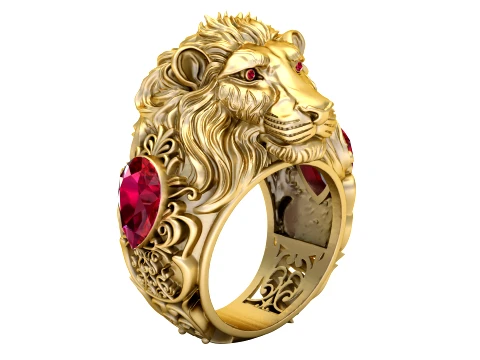 Luxury Lion Head Ruby Signet Ring 3D Print Model