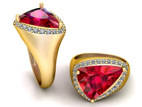 Anello con sigillo di lusso con rubino taglio trilione Halo Modello di stampa 3D
