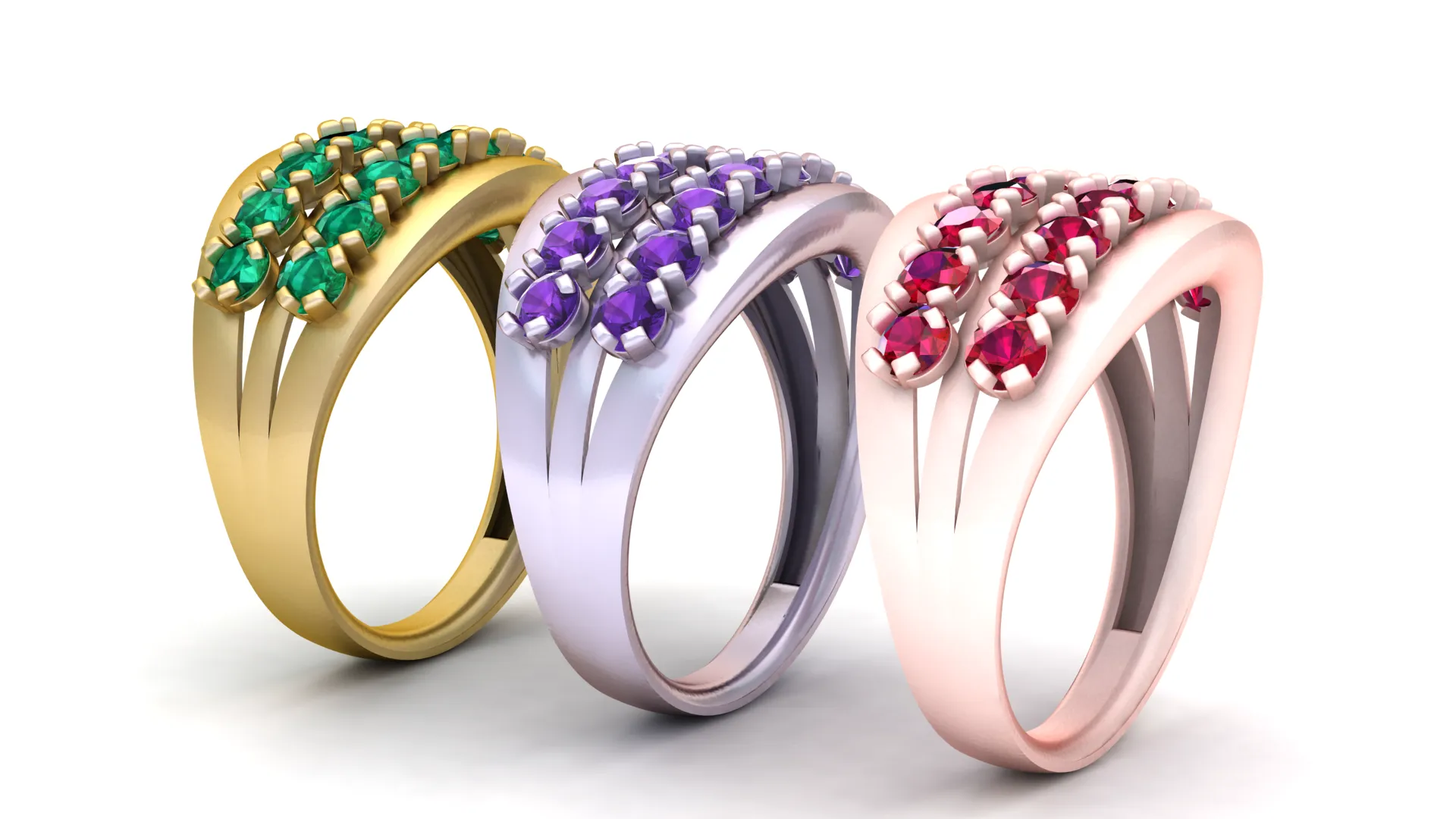 Triple Row Gemstone Ring 3D Print Model .c4d .max .obj .3ds .fbx .stl .blend 