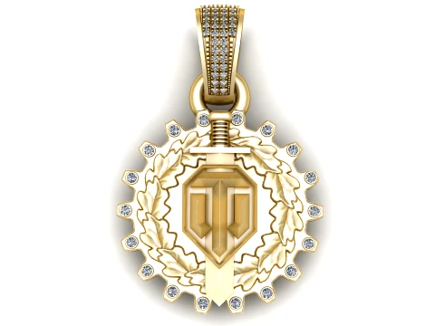 Luxury Gold Sword Shield Emblem Pendant with Laurel Wreath Diamond Border 3D Print Model