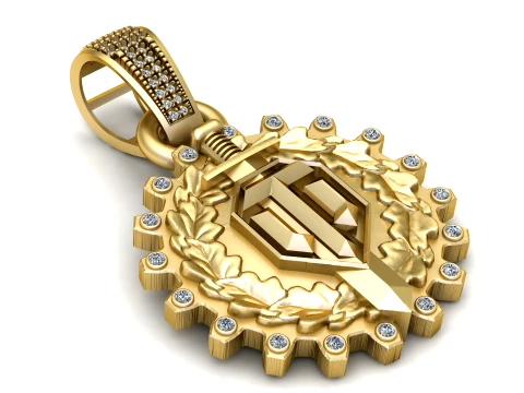 Luxury Gold Sword Shield Emblem Pendant with Laurel Wreath Diamond Border 3D Print Model