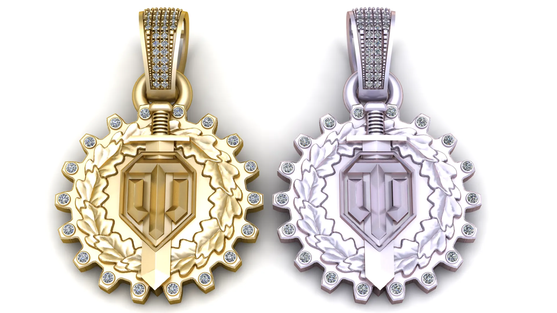 Luxury Gold Sword Shield Emblem Pendant with Laurel Wreath Diamond Border 3D Print Model .c4d .max .obj .3ds .fbx .stl .blend