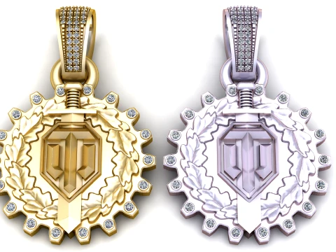 Pendentif d'embl&egrave;me de bouclier d'&eacute;p&eacute;e en or de luxe avec bordure en diamant de couronne de laurier Modèles 3D en vedette