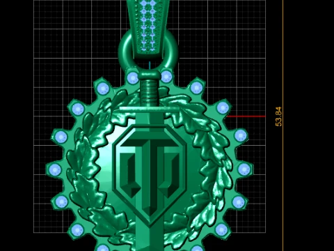 Luxury Gold Sword Shield Emblem Pendant with Laurel Wreath Diamond Border 3D Print Model