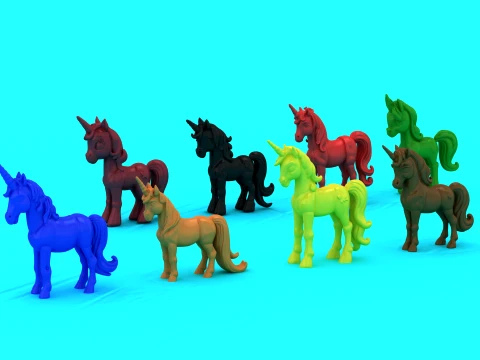 カラフルなユニコーンおもちゃセット 3Dモデル