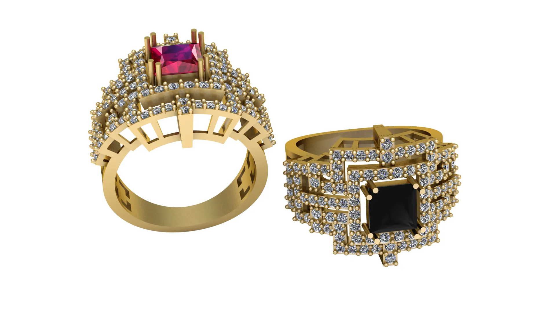 Square Black Gemstone Diamond Gold Ring 3D Model .c4d .max .obj .3ds .fbx .stl .blend 