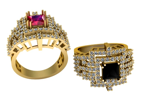 Anillo cuadrado de oro con diamantes y piedras preciosas negras Modelo 3D