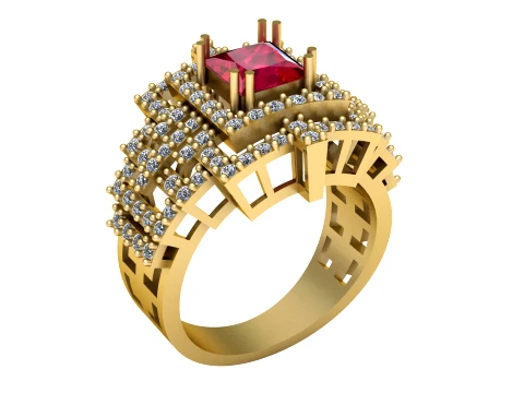 Square Black Gemstone Diamond Gold Ring 3D Model