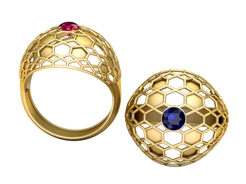 Honingraat koepel saffier gouden ring 3D Model