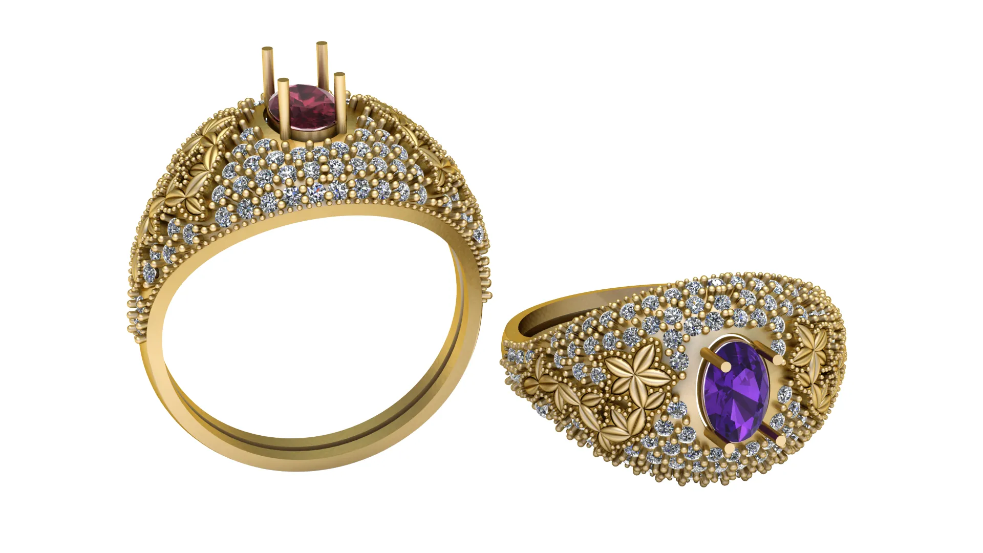Purple Gem Floral Gold Statement Ring 3D Model .c4d .max .obj .3ds .fbx .stl .blend 