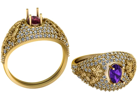 Paarse edelsteen bloemen gouden statement ring 3D Model