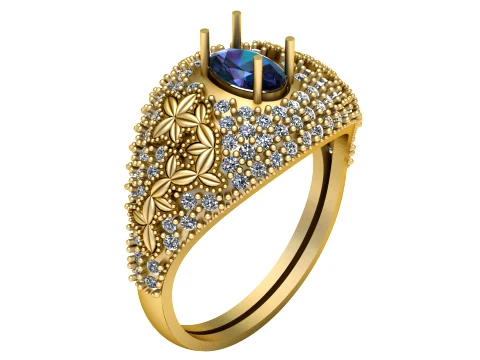 Purple Gem Floral Gold Statement Ring 3D Model