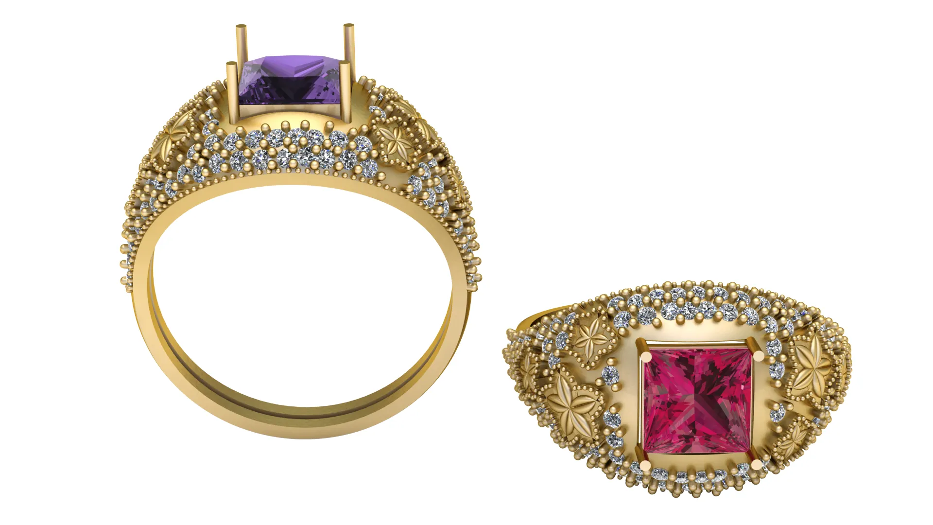 Princess Ruby Floral Gold Ring 3D Model .c4d .max .obj .3ds .fbx .stl .blend