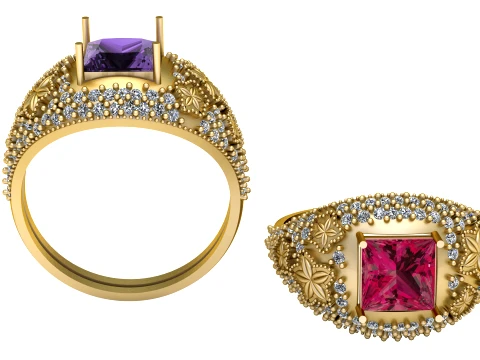 Prinses Ruby bloemen gouden ring 3D Model