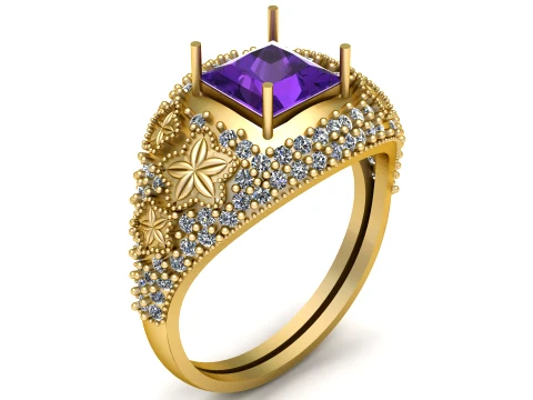 Princess Ruby Floral Gold Ring 3D Model