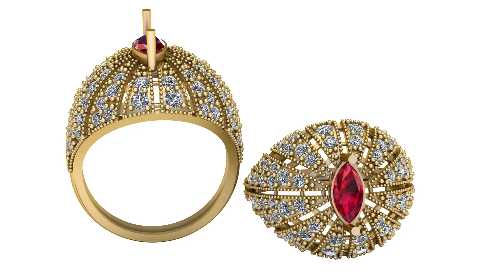Marquise Ruby Sunburst Gold Ring 3D Model .c4d .max .obj .3ds .fbx .stl .blend