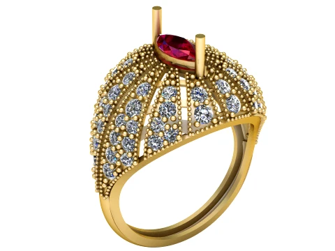 Marquise Ruby Sunburst Gold Ring 3D Model
