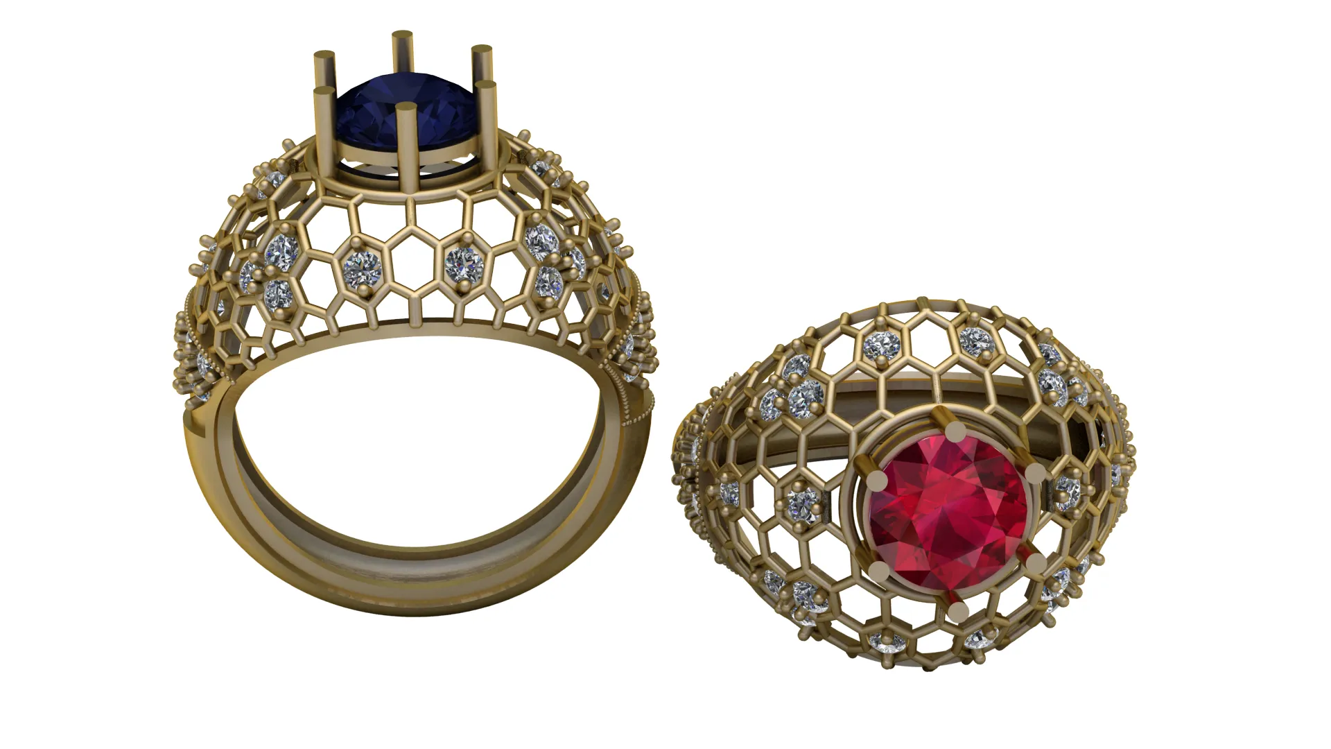 Ruby Honeycomb Dome Gold Ring 3D Model .c4d .max .obj .3ds .fbx .stl .blend 