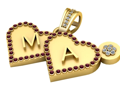 Personalized Double Heart Initial Gold Pendant 3D Model