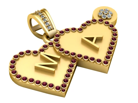 Personalized Double Heart Initial Gold Pendant 3D Model