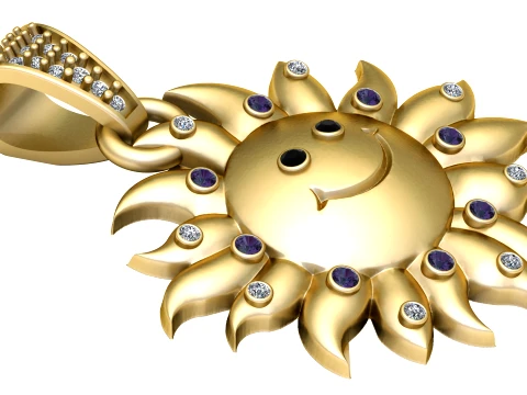 Sun Face Amethyst and Diamond Gold Pendant 3D Model
