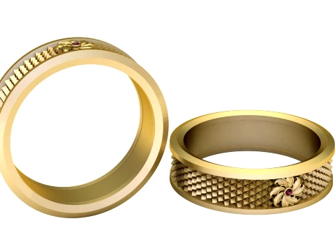 Geometric Floral Ruby Gold Band Ring 3D Model