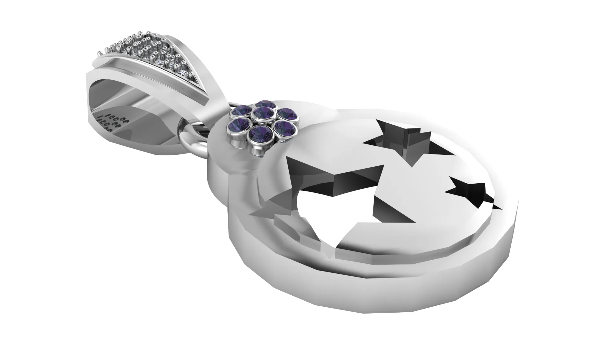 Crescent Moon and Stars Amethyst Gold Pendant 3D Model .c4d .max .obj .3ds .fbx .stl .blend 