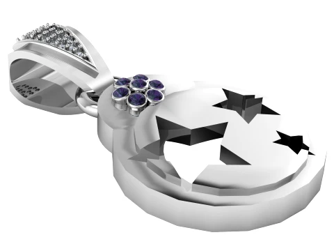 Crescent Moon and Stars Amethyst Gold Pendant 3D Model