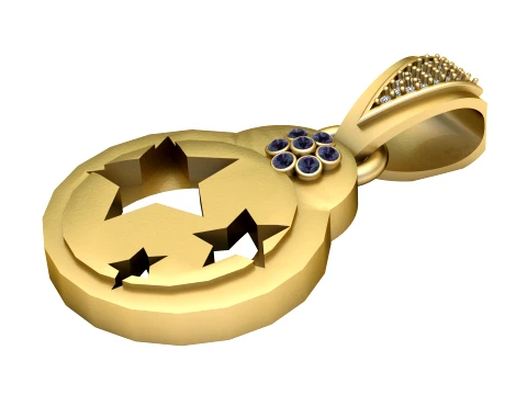 Crescent Moon and Stars Amethyst Gold Pendant 3D Model