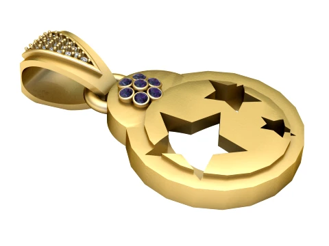 Crescent Moon and Stars Amethyst Gold Pendant 3D Model