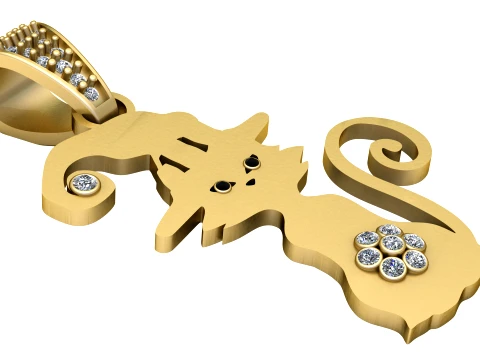 Elegant Cat Diamond Gold Pendant 3D Model