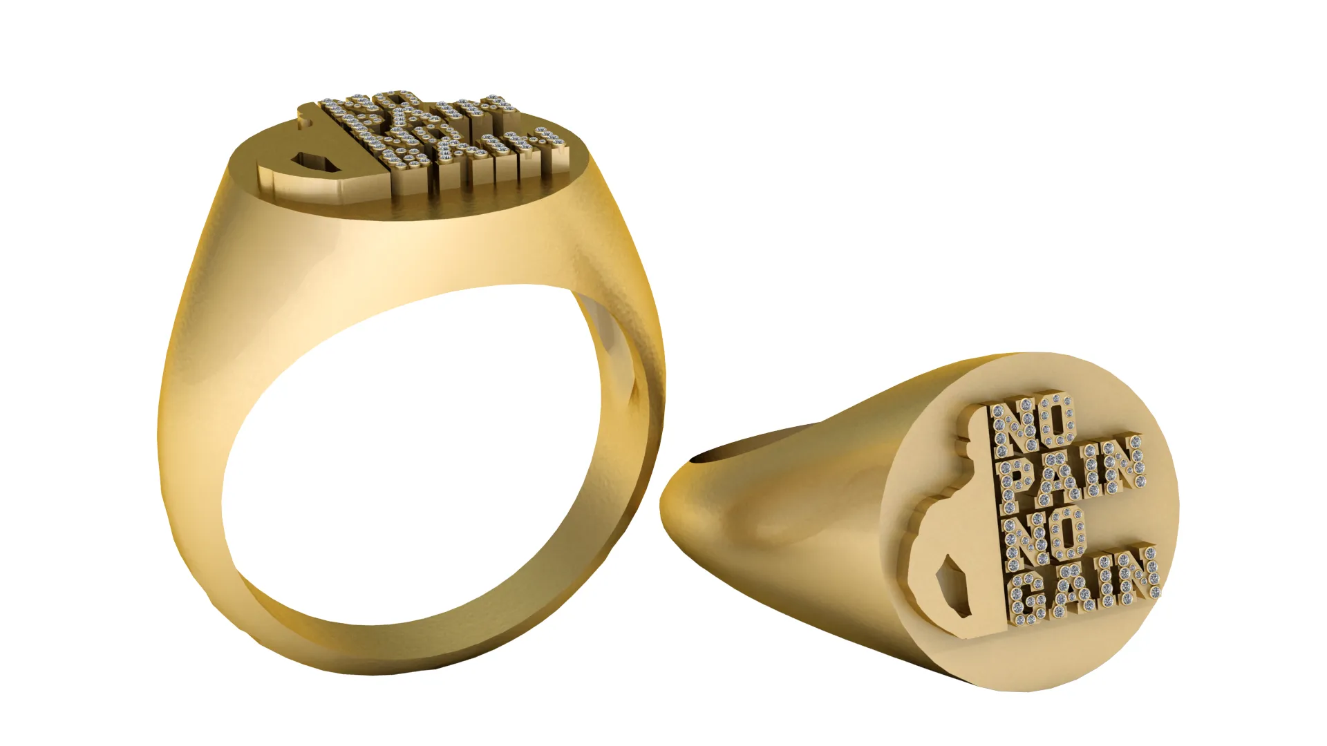 No Pain No Gain Diamond Signet Gold Ring 3D Model .c4d .max .obj .3ds .fbx .stl .blend 