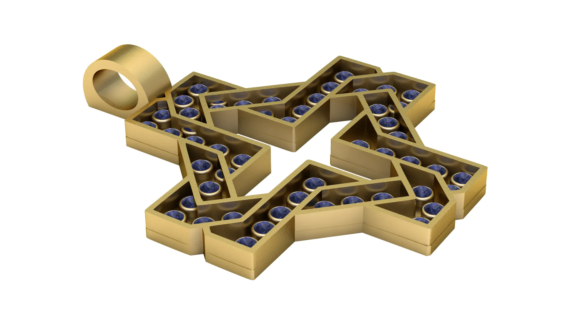 A bold yellow-gold pendant featuring an intricate interlocking star design filled with deep blue gem 3D Model .c4d .max .obj .3ds .fbx .stl .blend 
