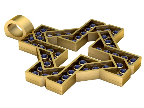 A bold yellow-gold pendant featuring an intricate interlocking star design filled with deep blue gem 3D Model