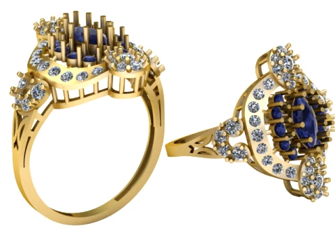 Blue Sapphire Floral Diamond Ring 3D Model