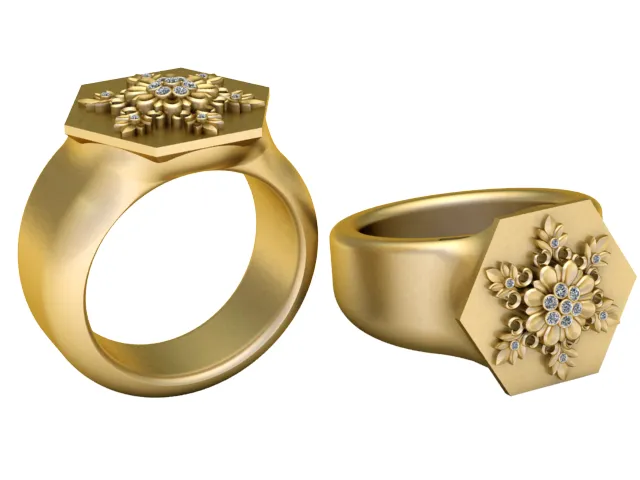 Floral Diamond Gold Signet Ring 3D Model .c4d .max .obj .3ds .fbx .stl .blend