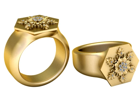 Anel de sinete de ouro com diamante floral Modelo 3D