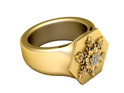 Floral Diamond Gold Signet Ring 3D Model