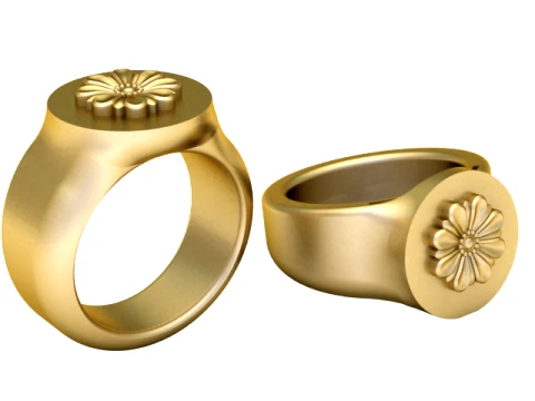 Anel de Sinete Floral Dourado Modelo 3D